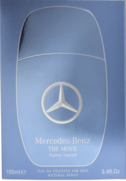 Niebieskie pudełko perfum Mercedes-Benz THE MOVE dla mężczyzn, ze srebrnym logo gwiazdy, widok z przodu.