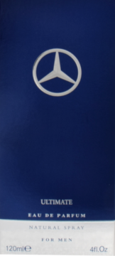 Frontowe ujęcie granatowego pudełka perfum Mercedes-Benz Ultimate EDP dla mężczyzn, z logo i 120ml.