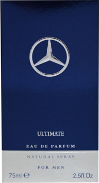 Ciemnoniebieskie, eleganckie pudełko Mercedes-Benz Ultimate Eau de Parfum dla mężczyzn, ze srebrnym logo, widok z przodu.