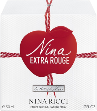 Nina Ricci Nina Extra Rouge EDP, białe pudełko z dużym czerwonym jabłkiem i wstążką, widok z przodu.