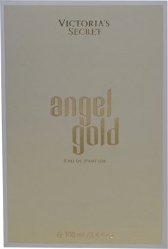 Victoria's Secret Angel Gold Eau de Parfum, jasnobeżowe pudełko z eleganckim złotym napisem, widok z przodu.