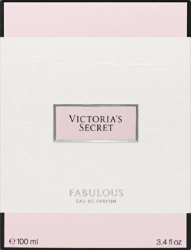 Białe pudełko perfum Victoria's Secret Fabulous Eau de Parfum, z różową etykietą, widok z przodu.
