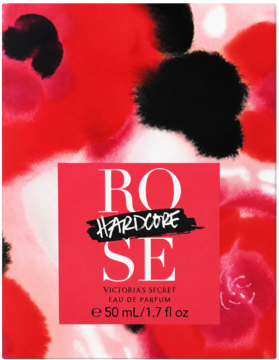 Opakowanie Victoria's Secret Hardcore Rose Eau de Parfum 50ml, czerwono-czarny kwiatowy wzór, widok z przodu.