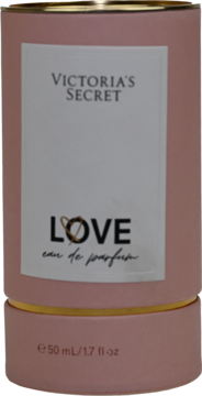 Różowe, cylindryczne opakowanie perfum Victoria's Secret Love 50 ml z białą etykietą i złotymi akcentami, widok frontalny.