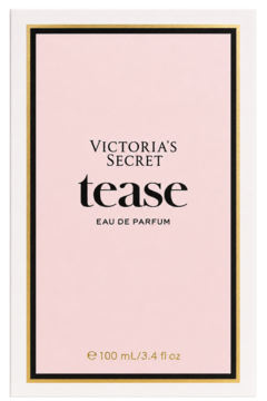 Victoria's Secret Tease Eau de Parfum, różowe pudełko z czarno-złotym obramowaniem, widok z przodu.