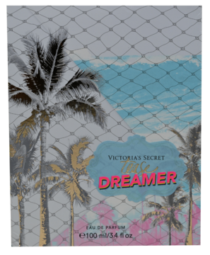 Victoria's Secret Tease Dreamer, pudełko perfum 100ml. Palmy, siatka, błękitno-różowe niebo, widok z przodu.