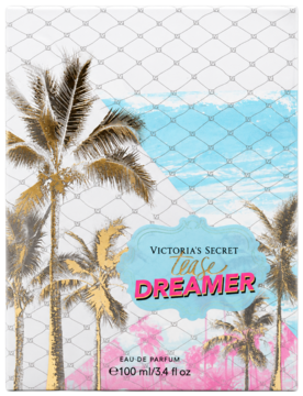 Victoria's Secret Tease Dreamer EDP, białe pudełko z tropikalnymi złotymi palmami i błękitnym niebem, widok z przodu, 100ml.