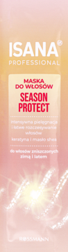 Isana Professional Season Protect Maska do włosów z keratyną, masłem shea, widok z przodu na tle iskrzącego się światła.