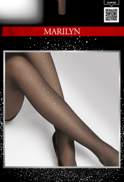 Marilyn Crystal of Diamond czarne rajstopy 20 den z błyszczącymi kryształkami, widok nóg modelki na opakowaniu.