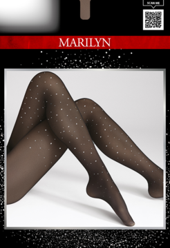 Czarne rajstopy Marilyn Crystal of Diamond 60 den z brokatem, widoczne na nogach w opakowaniu.