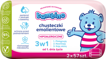 Bambino chusteczki emolientowe hipoalergiczne 3w1, różowe opakowanie z misiem, widok z przodu.