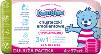 Bambino chusteczki emolientowe hipoalergiczne 3w1 dla niemowląt, 4x57 szt. Różowe opakowanie z misiem.