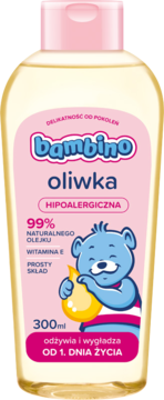 Bambino oliwka hipoalergiczna 300ml, 99% naturalnego olejku z wit. E, z przodu różowa etykieta z misiem.