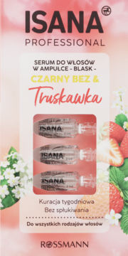 ISANA PROFESSIONAL serum do włosów w ampułkach Czarny Bez & Truskawka, różowe pudełko, widok z przodu.