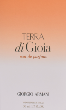 Przedni widok opakowania Terra di Gioia eau de parfum Giorgio Armani, pudełko ombre pomarańczowo-białe.