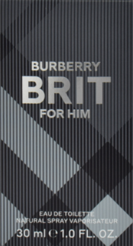 Ciemnoszare pudełko wody toaletowej Burberry Brit for Him 30 ml z jasnoszarym wzorem kraty.