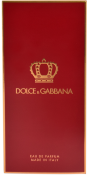 Czerwone pudełko perfum Dolce & Gabbana Q, ze złotą koroną i napisem. Widoczne "EAU DE PARFUM" i "MADE IN ITALY".