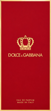 Czerwone pudełko wody perfumowanej Dolce&Gabbana Q ze złotą koroną i logo, widok z przodu.