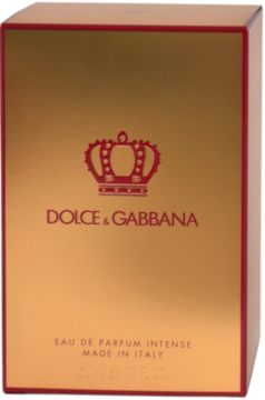 Złote pudełko perfum Dolce & Gabbana Q Eau de Parfum Intense z czerwonym logo korony, widok z przodu.