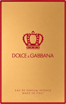 Złote pudełko perfum Q by Dolce & Gabbana Intense z czerwoną koroną, napisem i obramowaniem, widok z przodu.