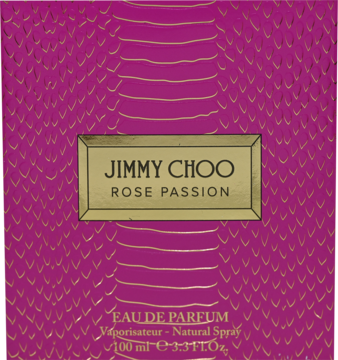 Jimmy Choo Rose Passion Eau de Parfum w różowo-złotym pudełku z tłoczonym wzorem węża, widok z przodu.