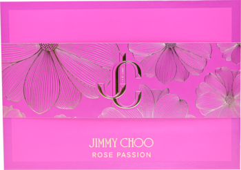 Różowe pudełko Jimmy Choo Rose Passion, zestaw perfum ze złotymi kwiatami i logo JC, widok z przodu.