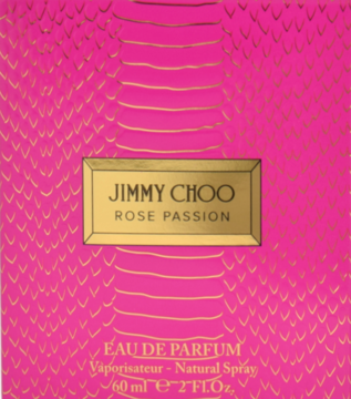 Front view of Jimmy Choo Rose Passion Eau de Parfum in a vibrant pink box with gold snake skin pattern and central gold label.