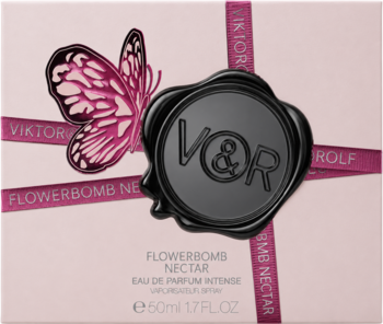 Viktor & Rolf Flowerbomb Nectar Intense EDP, różowe pudełko z motylem, czarna pieczęć V&R, widok z przodu.