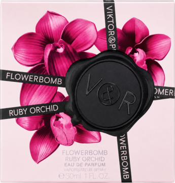 Pudełko perfum Flowerbomb Ruby Orchid EDP Viktor & Rolf: różowe z fuksjowymi orchideami, wstążką i pieczęcią VOR.