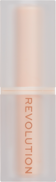 Satynowa pomadka Revolution Lip Allure w mlecznej tubce. Widoczny brzoskwiniowy odcień, pionowe logo marki.