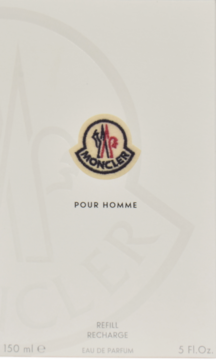Moncler Pour Homme męska woda perfumowana, białe opakowanie refill 150 ml, widok z przodu z logo.
