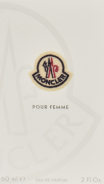Moncler Pour Femme Eau de Parfum, białe opakowanie z klasycznym logo i napisem, widok z przodu.