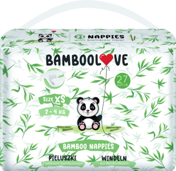 Opakowanie pieluszek Bamboolove z włóknem bambusowym, rozmiar XS, białe z motywem liści i pandą, widok z przodu.