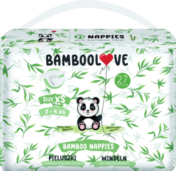Opakowanie pieluszek Bamboolove z włóknem bambusowym, rozmiar XS, białe z motywem liści i pandą, widok z przodu.