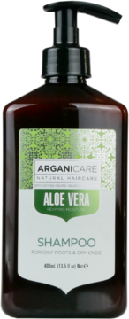 Szampon Arganicare Aloe Vera do włosów tłustych i suchych, w brązowej butelce z pompką, widok z przodu.