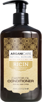 Arganicare Ricin Castor Oil Conditioner w ciemnej butelce z pompką, widok z przodu na etykietę ze złotymi wzorami.