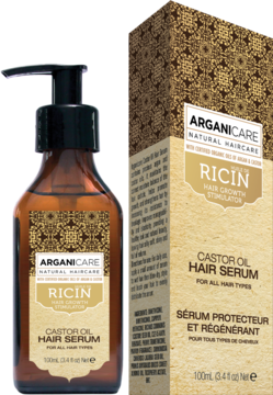 Arganicare Ricin Castor Oil Hair Serum: brązowa butelka z pompką obok dopasowanego, złotego opakowania.