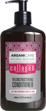 Arganicare Reconstructing Collagen Conditioner, ciemna butelka z pompką, do włosów cienkich i zniszczonych.