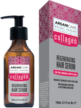 Arganicare Collagen Serum do włosów zniszczonych: brązowa butelka z pompką 100ml i szare pudełko, widok przód.