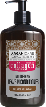 Brązowa butelka Arganicare Collagen odżywki bez spłukiwania 400ml, z czarną pompką, widok z przodu.