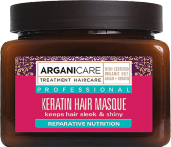 Arganicare Keratin Hair Masque w brązowym słoiku, duża magenta etykieta z białym tekstem, widok z przodu.