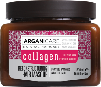 Arganicare Collagen Reconstructing Hair Masque do włosów cienkich i zniszczonych, brązowy słoik, widok z przodu.