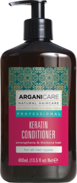 Arganicare Keratin Conditioner 400ml, brązowa butelka z czarną pompką, różowo-turkusowa etykieta, widok z przodu.