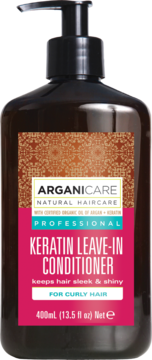 Arganicare Keratin Leave-in Conditioner 400ml dla włosów kręconych, w brązowej butelce z pompką, widok z przodu.