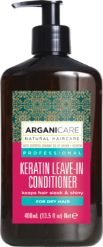 Arganicare Keratin Leave-In Conditioner do suchych włosów, brązowa butelka z pompką, przód.