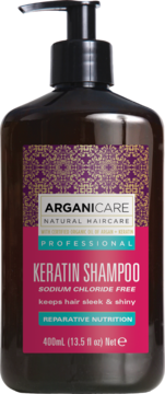 Arganicare Keratin Shampoo w ciemnej butelce z pompką, widok z przodu. Etykieta różowo-purpurowa, napis Keratin Shampoo i 400mL.