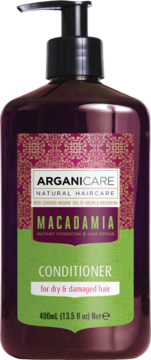 Odżywka Arganicare Macadamia 400ml do suchych włosów, ciemnofioletowa butelka z pompką, przód.