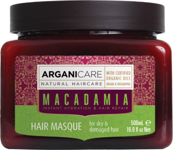 Maska do włosów Arganicare Macadamia 500ml, bordowy słoik z czarną nakrętką, dla suchych i zniszczonych.