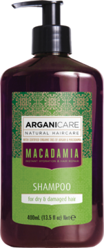 Arganicare Macadamia Shampoo 400ml, brązowa butelka z pompką, zielona etykieta, do suchych i zniszczonych włosów.