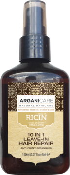 Arganicare Ricin 10 in 1 leave-in hair repair, hair growth stimulator, dark brown spray bottle.